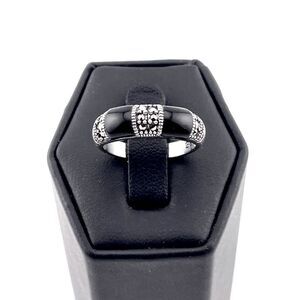 STERLING SILVER Double Black Onyx Marcasite Ring Size 9